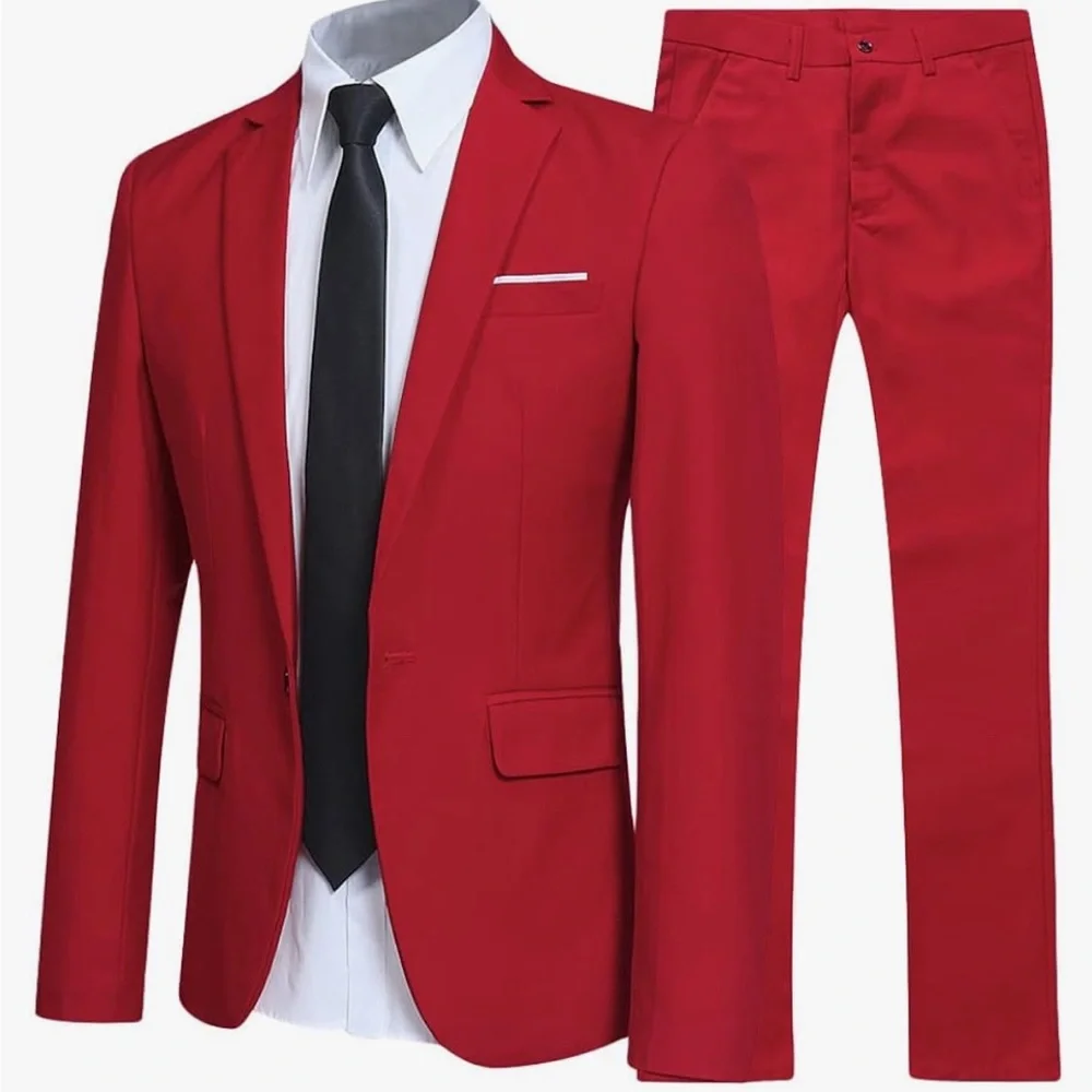 YFFUSHI Slim Fit Two Piece One Button Suit Red, With THAI SILK Shirt Like New - Picture 15 of 15